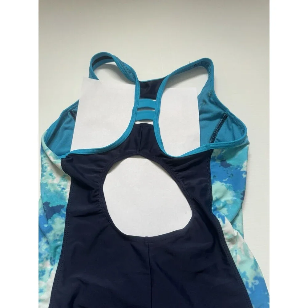 Gerry Girls Size 16 One Piece Swimsuit Navy Blue Turquoise Zip Front